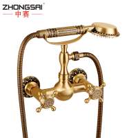 Royal Wall Mounted Dual Handle Brass Antique Bathroom Golden Shower Faucet Set